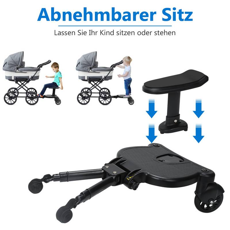 Buggy Board mit Sitz Kiddyboard Kinderwagen Board Trittbrett Universal Hilfspedal 360°Zweirad Design Schwarz