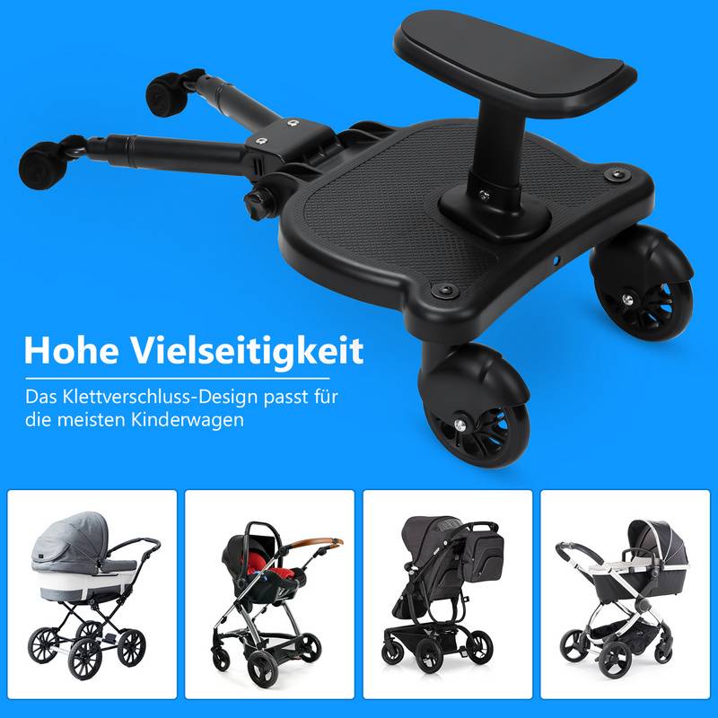Buggy Board mit Sitz Kiddyboard Kinderwagen Board Trittbrett Universal Hilfspedal 360°Zweirad Design Schwarz