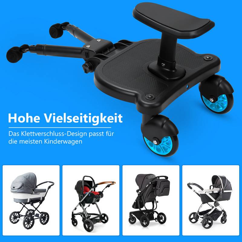 Buggy Board mit Sitz Kiddyboard Kinderwagen Board Trittbrett Universal Hilfspedal 360°Zweirad Design Blau