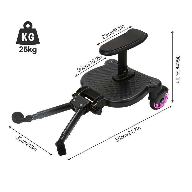 Buggy Board mit Sitz Kiddyboard Kinderwagen Board Trittbrett Universal Hilfspedal 360°Zweirad Design Rosa