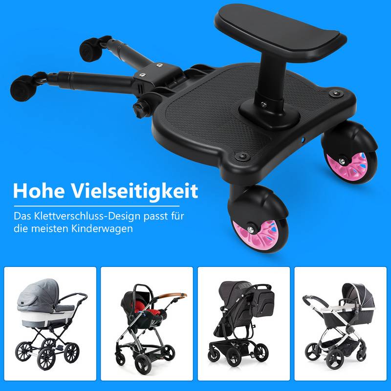 Buggy Board mit Sitz Kiddyboard Kinderwagen Board Trittbrett Universal Hilfspedal 360°Zweirad Design Rosa