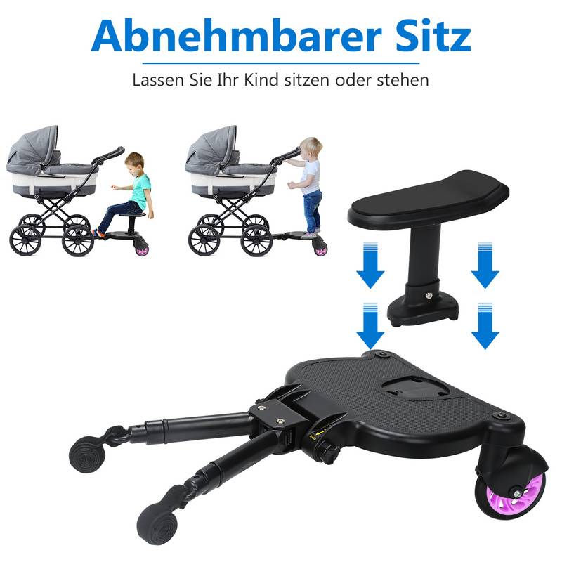 Buggy Board mit Sitz Kiddyboard Kinderwagen Board Trittbrett Universal Hilfspedal 360°Zweirad Design Rosa