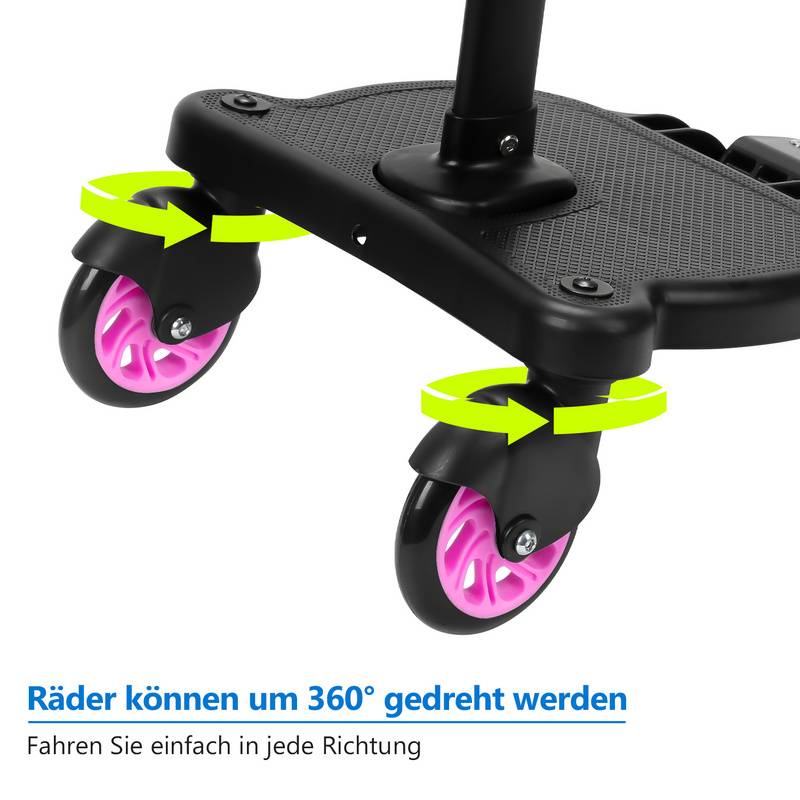 Buggy Board mit Sitz Kiddyboard Kinderwagen Board Trittbrett Universal Hilfspedal 360°Zweirad Design Rosa