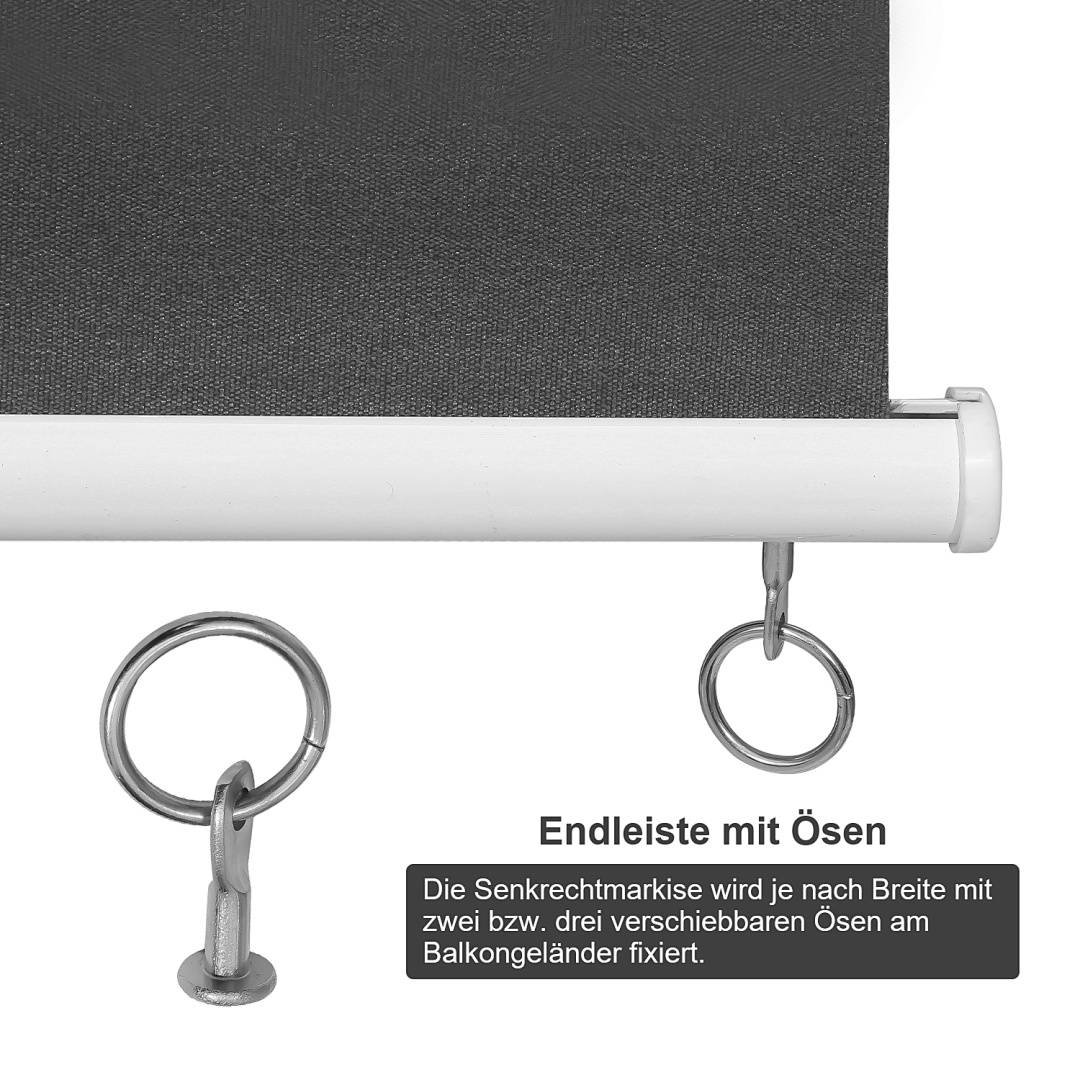 Nahaufnahme einer Rollladounterleiste mit Metalllöchern; der deutsche Text besagt, dass die vertikale Markierung je nach Breite mit zwei oder drei beweglichen Ösen an Balkongeländern befestigt ist.