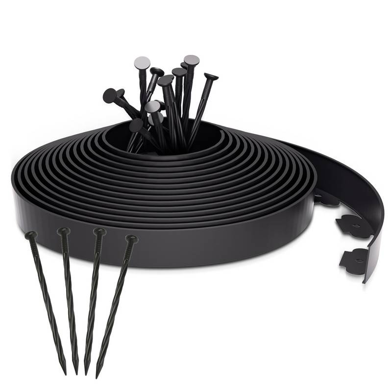 Flexible Rasenkante aus Kunststoff zur Verankerung Beetumrandung Beeteinfassungen Schwarz 10m x 5cm mit 30 Erdanker