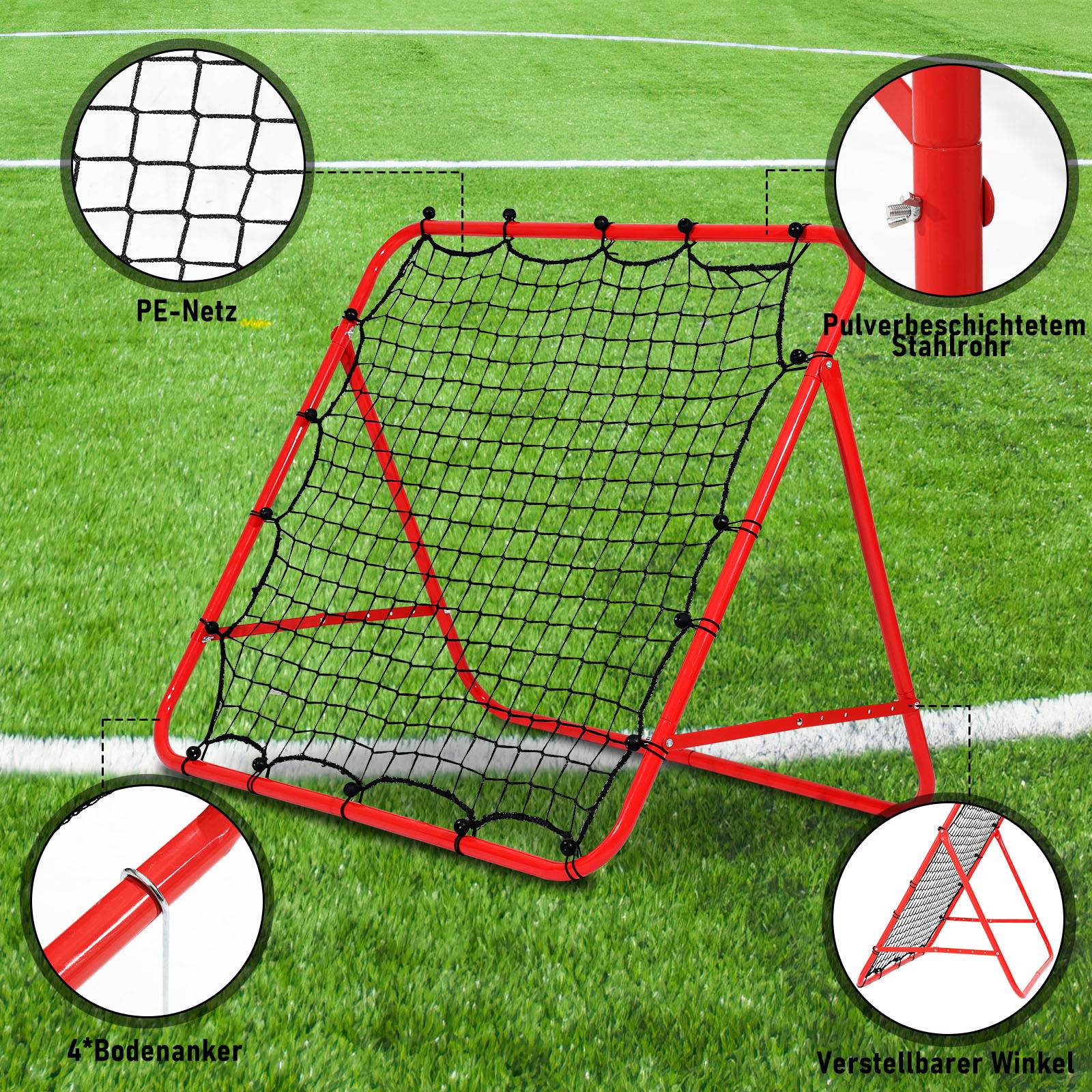 Fußball Rebounder klappbar Verstellbar Kickback Rebound für Übungen, Fußballschuss Tornetz mit 4 Heringe 100x100x70 cm Rot