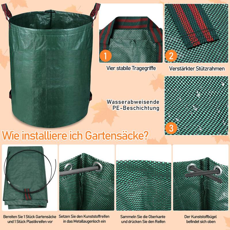 4X Gartensack Laubsack Gartenabfallsack XXL Garten Tasche Rasensack mit Griffen 272L - Grün
