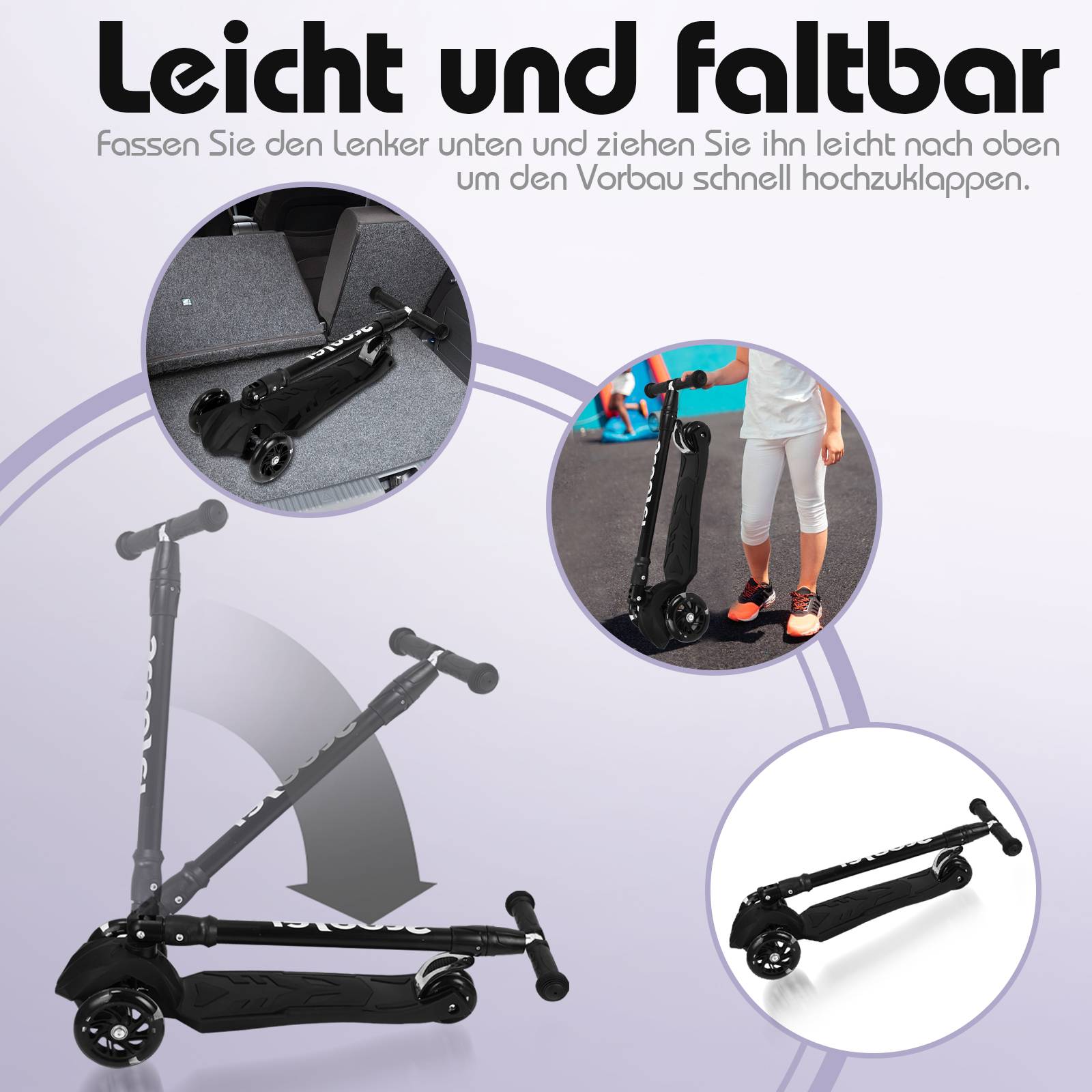 Kinderroller Klappbar Tretroller Cityroller LED Räder Kickscooter Dreiradscooter Höhenverstellbar Schwarz