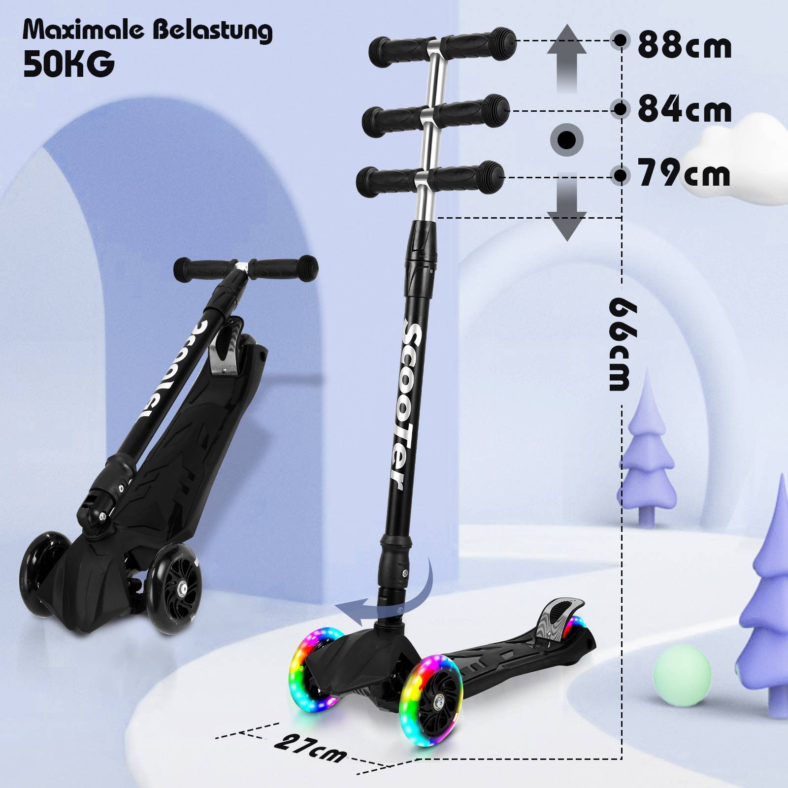 Kinderroller Klappbar Tretroller Cityroller LED Räder Kickscooter Dreiradscooter Höhenverstellbar Schwarz