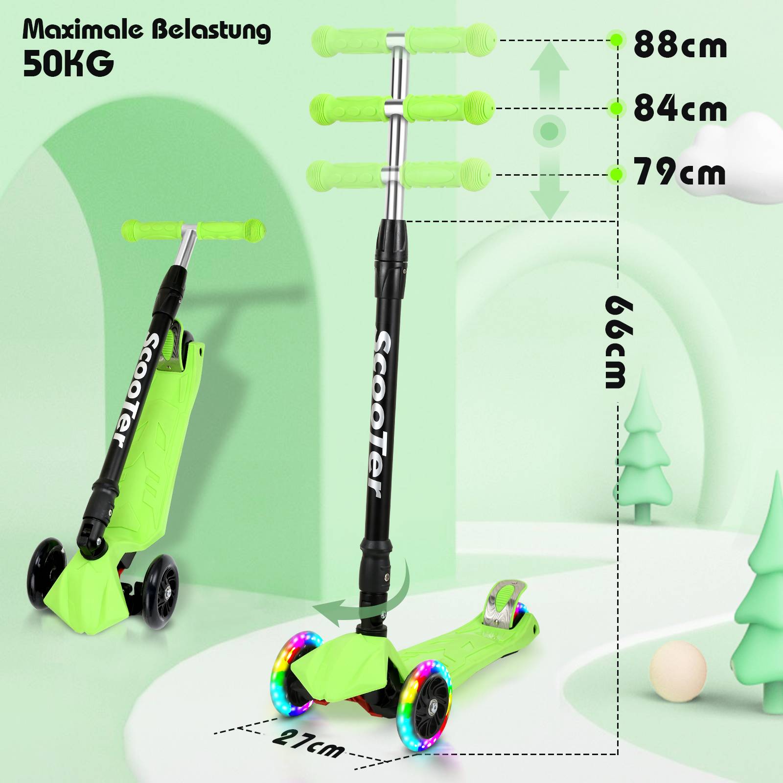 Kinderroller Klappbar Tretroller Cityroller LED Räder Kickscooter Dreiradscooter Höhenverstellbar Grün
