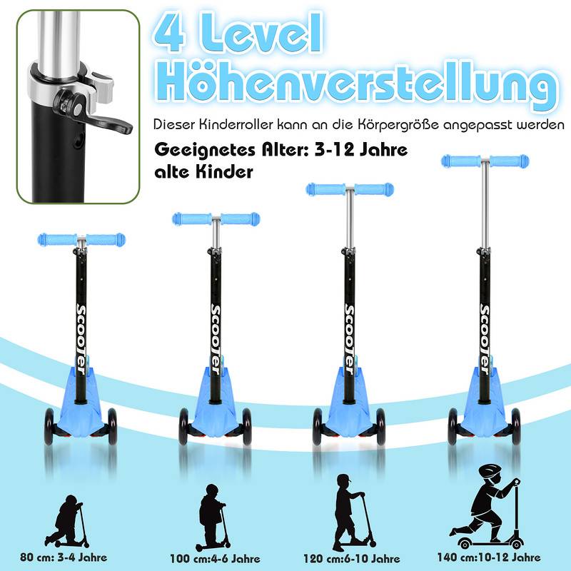 Kinderroller Tretroller Cityroller LED Räder Kickscooter Dreiradscooter Höhenverstellbar Blau