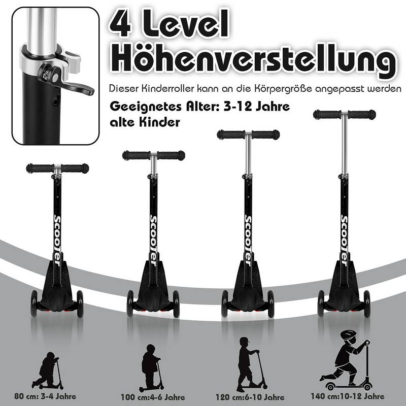 Kinderroller Tretroller Cityroller LED Räder Kickscooter Dreiradscooter Höhenverstellbar Schwarz