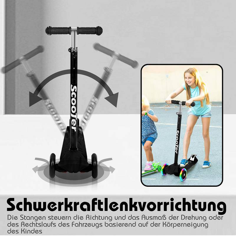 Kinderroller Tretroller Cityroller LED Räder Kickscooter Dreiradscooter Höhenverstellbar Schwarz