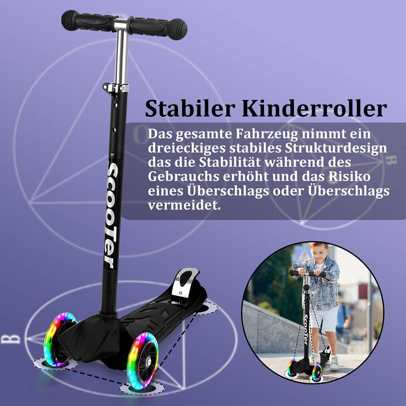 Kinderroller Tretroller Cityroller LED Räder Kickscooter Dreiradscooter Höhenverstellbar Schwarz