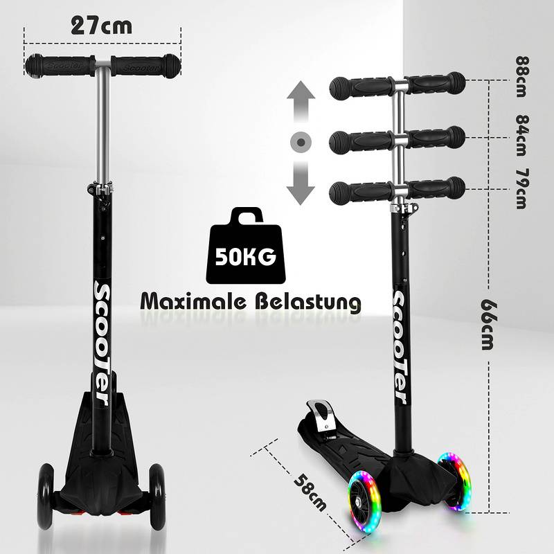 Kinderroller Tretroller Cityroller LED Räder Kickscooter Dreiradscooter Höhenverstellbar Schwarz