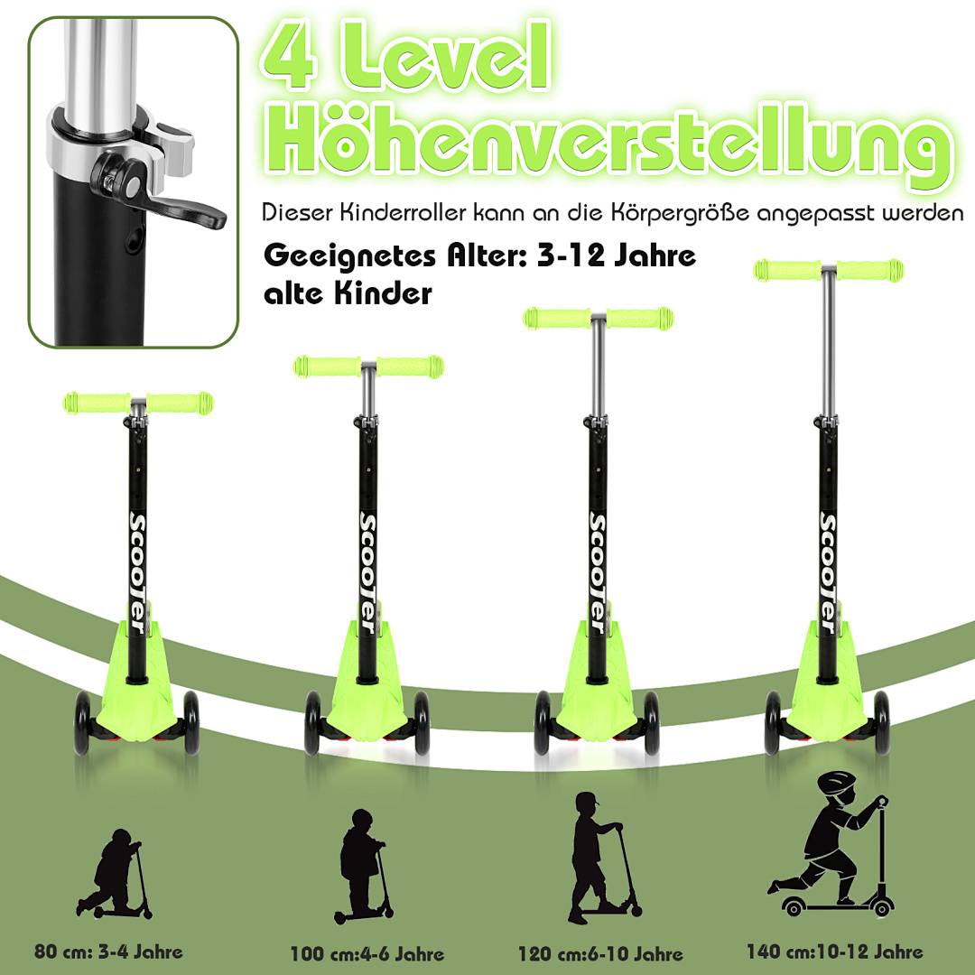 Werbegrafik eines Kinderrollers mit 4 Höheneinstellungen, verstellbar für Kinder im Alter von 3-12 Jahren, mit Höhen von 80, 100, 120 und 140 cm nach Altersgruppe.