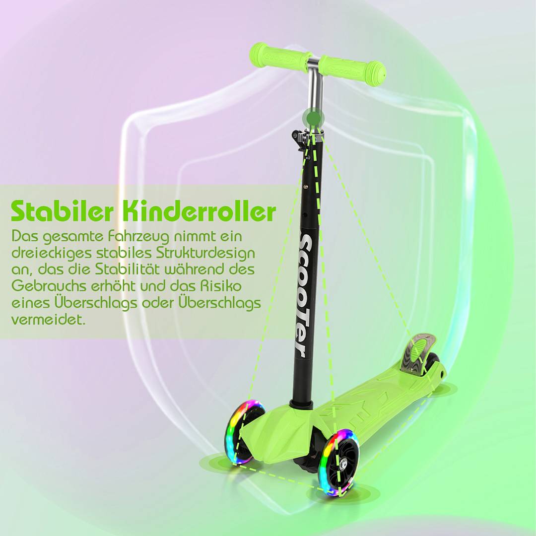 Grüner Kinderroller mit Text „Stabiler Kinderroller", das ein dreieckiges Strukturdesign erklärt, das die Stabilität verbessert und hilft, Umkippen zu verhindern.