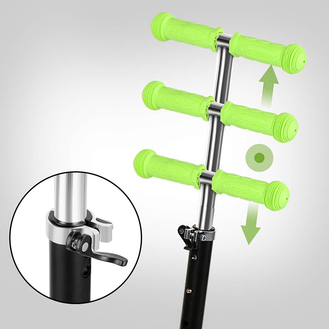 Verstellbarer Tretroller-Lenker mit drei neongrünen Griffen und Pfeilen, die die vertikale Höhenverstellung anzeigen; die Vergrößerung zeigt den Klemmmechanismus.