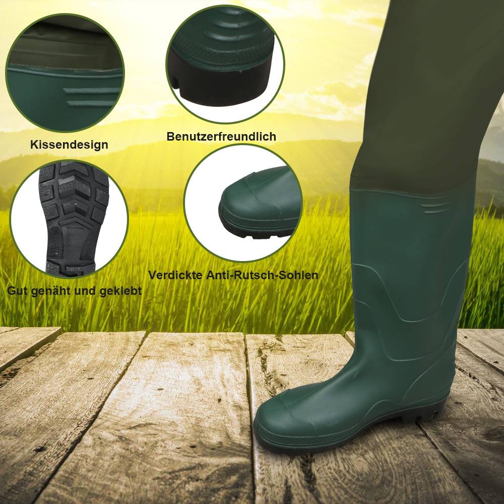 Werbebild eines grünen Gummistiefel auf Holzplanken, mit deutschen Beschriftungen, die das Kniedesign, den Komfort, die genähte Konstruktion und die dicke rutschfeste Sohle hervorheben.