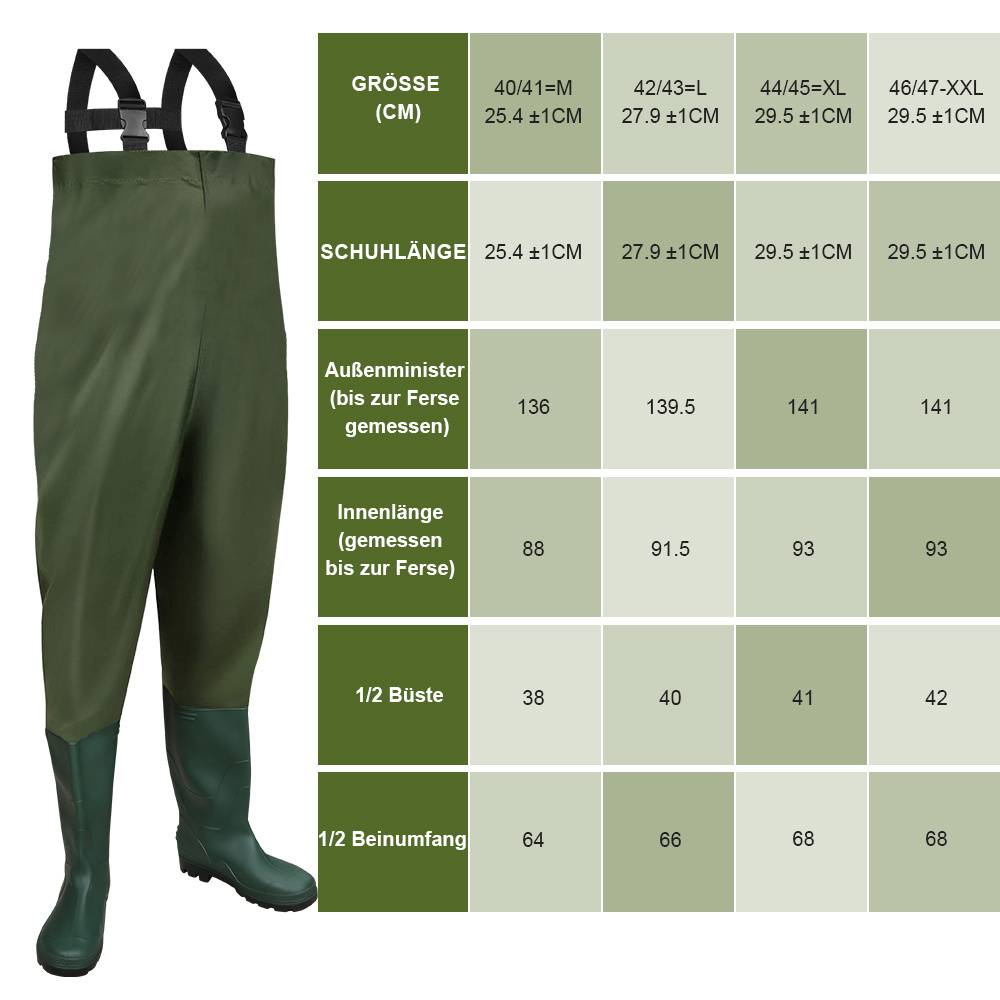 Grüne Brustwatstiefel mit Stiefeln neben einer Größentabelle auf Deutsch mit Maßangaben für die Größen 40/41 M bis 46/47 XXL.