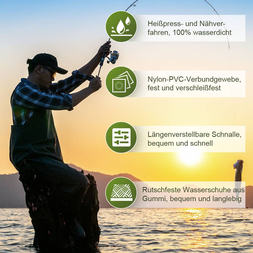Silhouette eines Fischers, der bei Sonnenuntergang auswerft, mit deutschen Beschriftungen, die wasserdichte, langlebige Wathosen und rutschfeste Gummistiefel hervorheben.