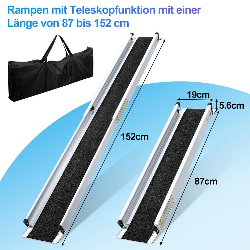 Rollstuhlrampe 152cm Auffahrrampe bis 300KG Anti-Rutsch Alu Verladerampe Tragbare Schwellenrampe für Rollatoren Rollstühle