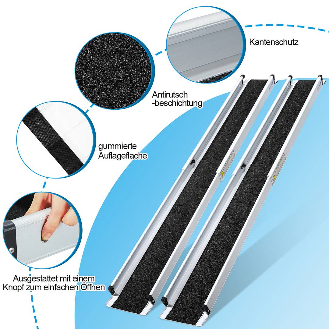 Klappbare Aluminium-Rampe mit rutschfester Beschichtung, gummierter Oberfläche, Kantenschutz und einem Knopf für einfaches Öffnen.
