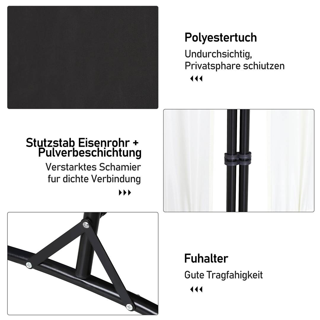Werbeprodukt-Diagramm in deutscher Sprache, das einen Sichtschutz zeigt: Polyesterstoff, verstärkte Stahlstützstange mit Pulverbeschichtung und ein stabiler Fußhalter für lasttragende Unterstützung.