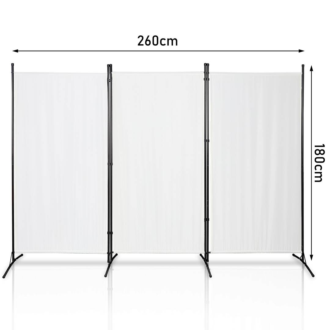 Dreiteiliger weißer Raumteiler auf schwarzen Ständern, 260 cm breit und 180 cm hoch.