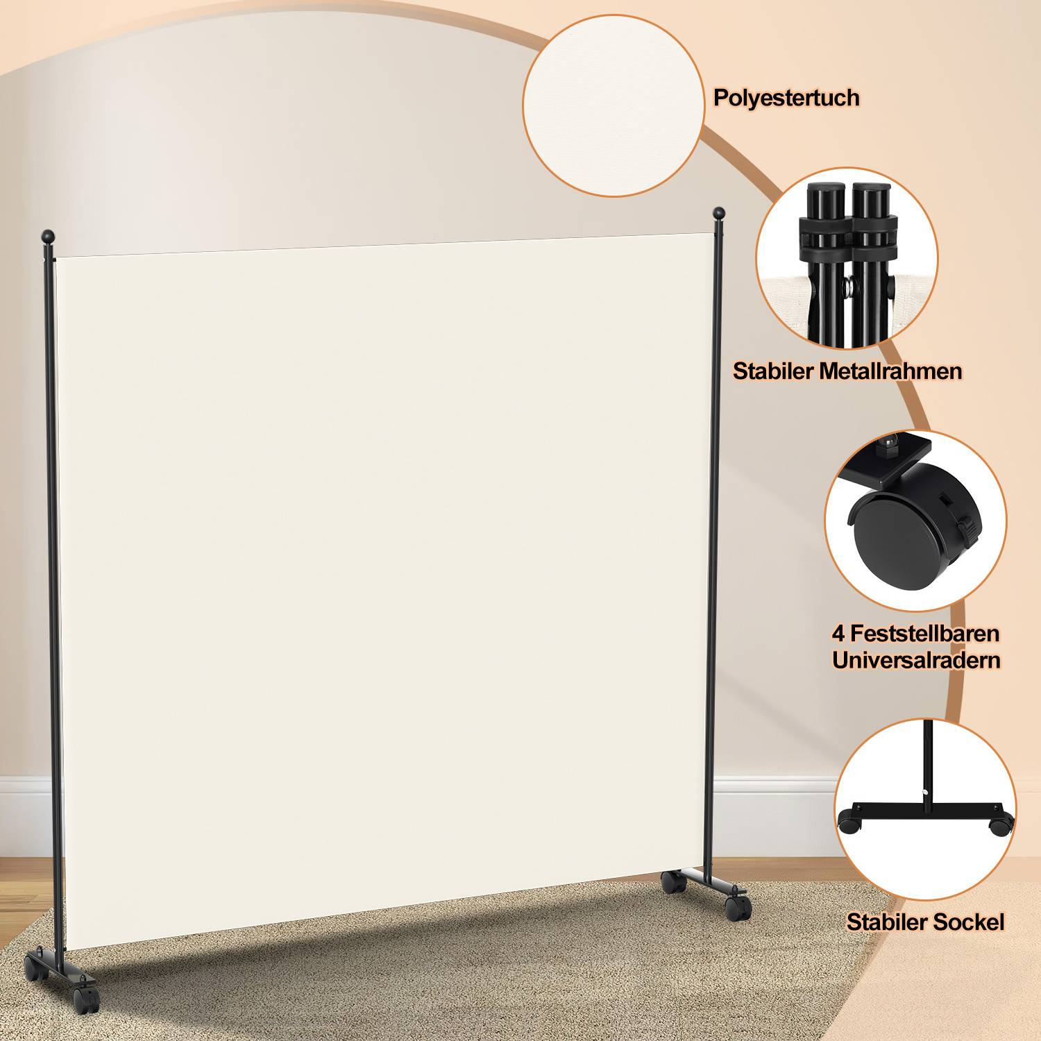 Beige-farbiger freistehender Sichtschutz mit Polyesterstoff, Metallrahmen, vier arretierbaren Lenkrollen und stabilem Sockel.