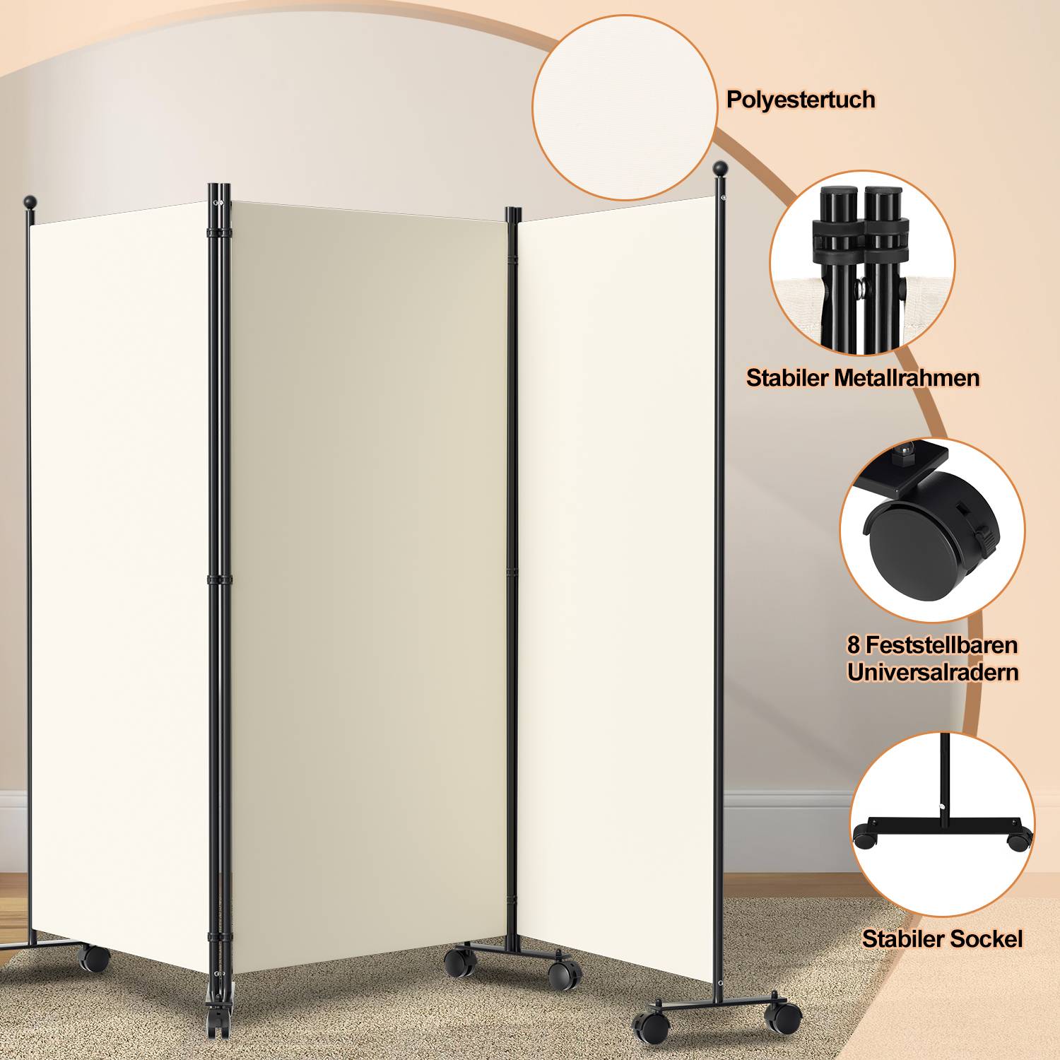 Paravent auf Rollen 3 teilig Beige 263x181 cm Outdoor Raumteiler Garten Spanische Wand Trennwand Raumtrenner