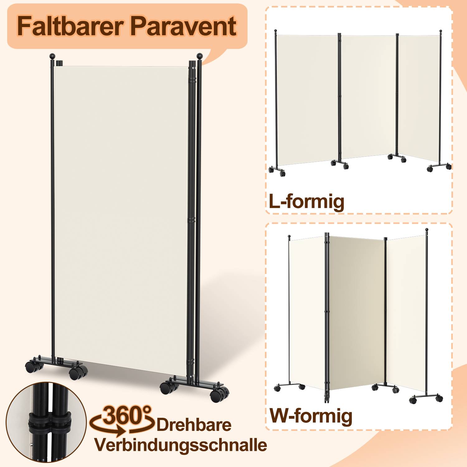Paravent auf Rollen 5 teilig Beige 284x181 cm Outdoor Raumteiler Garten Spanische Wand Trennwand Raumtrenner