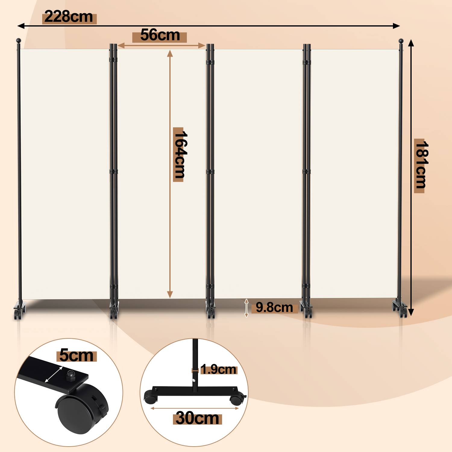 Paravent auf Rollen 4 teilig Beige 228x181 cm Outdoor Raumteiler Garten Spanische Wand Trennwand Raumtrenner