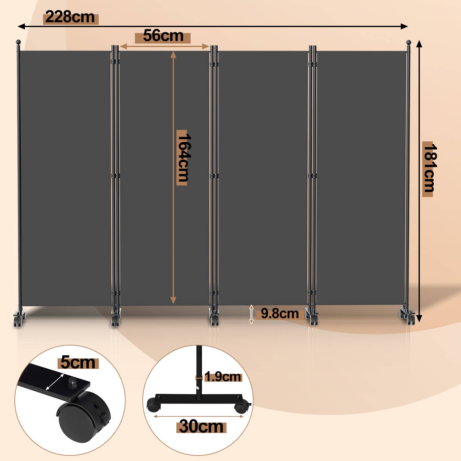 Paravent auf Rollen 4 teilig Anthrazit 228x181 cm Outdoor Raumteiler Garten Spanische Wand Trennwand Raumtrenner