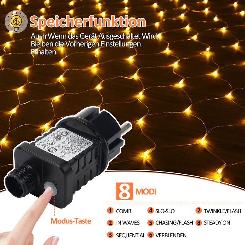 LED Lichternetz 3x2M Warmweiß Lichterkette Weihnachtsbeleuchtung Lichtervorhang Innen Außen Deko 8 Modi IP44 200 LEDs