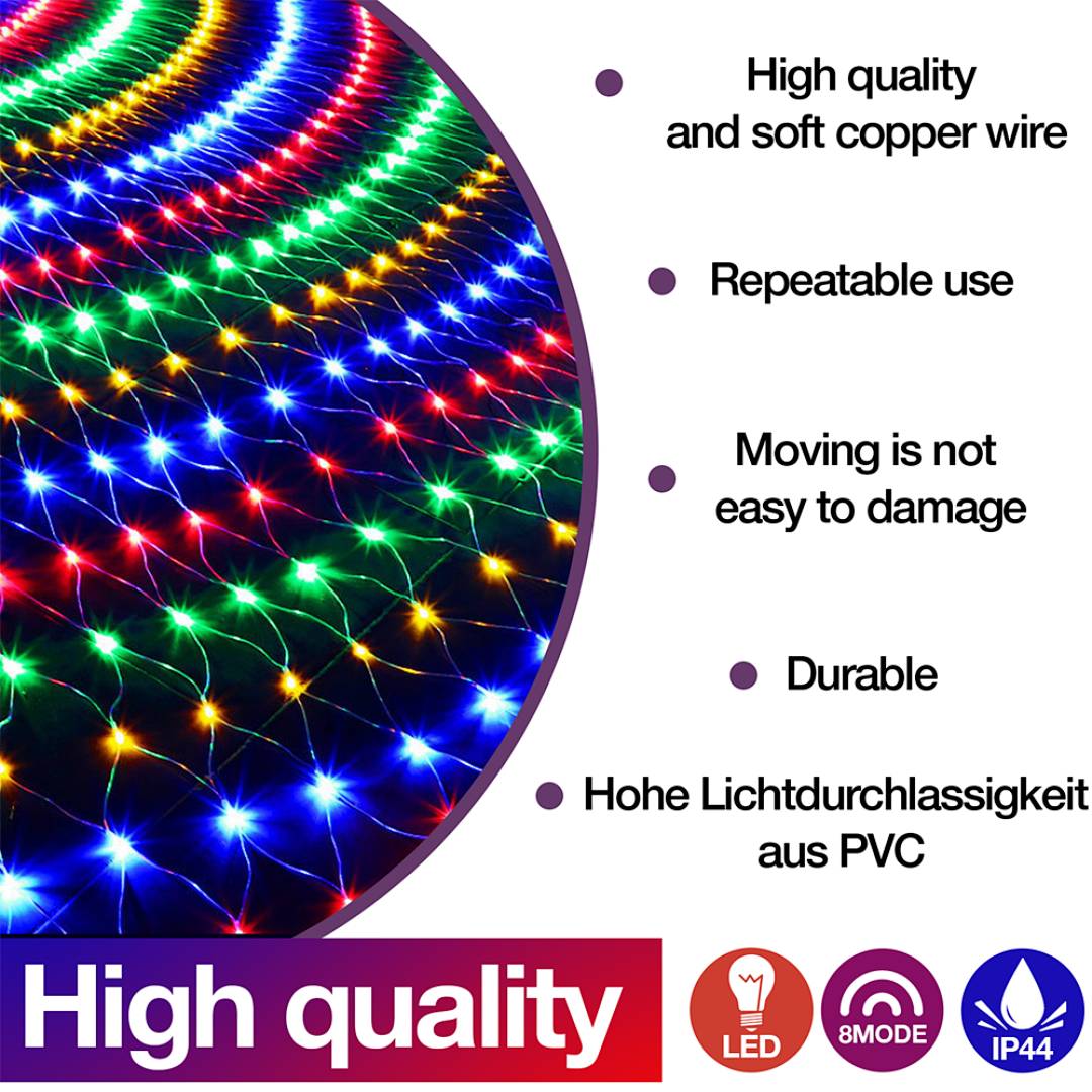 Werbegrafikelement für mehrfarbige LED-Lichterketten mit Merkmalsliste: hochwertige und weiche Kupferleitung, wiederverwendbar, langlebig, PVC-Lichttransmission, LED/IP44.