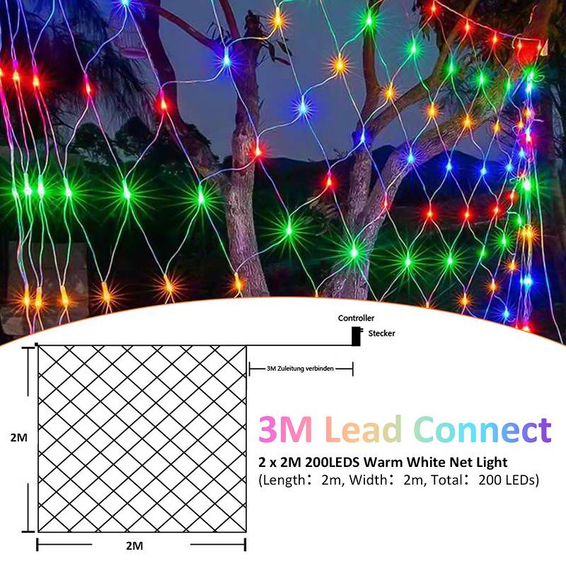 2x2M LED Lichternetz Bunt Lichterkette Weihnachtsbeleuchtung Lichtervorhang Innen Außen Deko Weihnachtslicht 8 Modi IP44