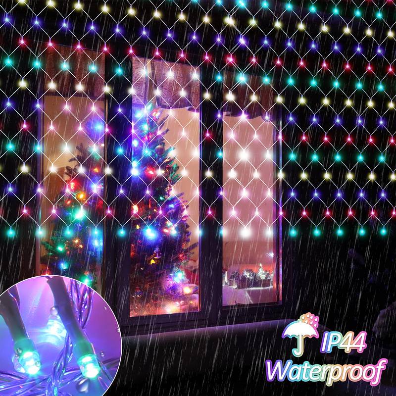 2x2M LED Lichternetz Bunt Lichterkette Weihnachtsbeleuchtung Lichtervorhang Innen Außen Deko Weihnachtslicht 8 Modi IP44