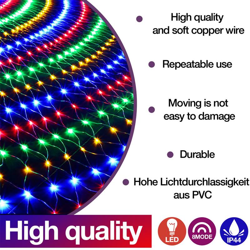 2x2M LED Lichternetz Bunt Lichterkette Weihnachtsbeleuchtung Lichtervorhang Innen Außen Deko Weihnachtslicht 8 Modi IP44