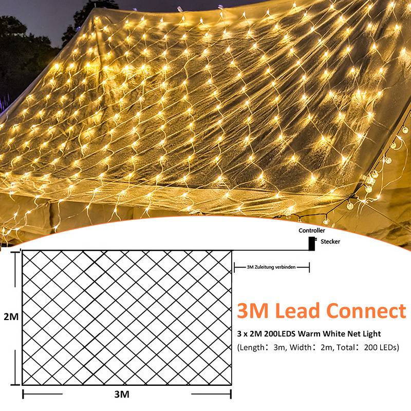 3x2M LED Lichternetz Warmweiß Lichterkette Weihnachtsbeleuchtung Lichtervorhang Innen Außen Deko Weihnachtslicht 8 Modi IP44
