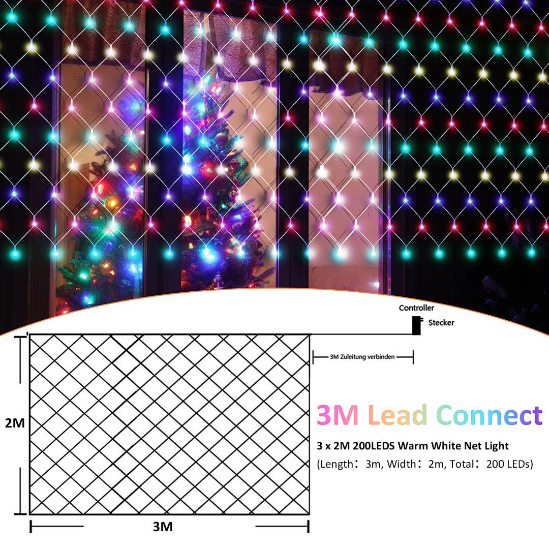 Produktgrafik für ein 3m x 2m warmweißes LED-Netzlicht mit 200 LEDs, das die Netzanordnung, den Controller und die Steckverbindung zeigt.