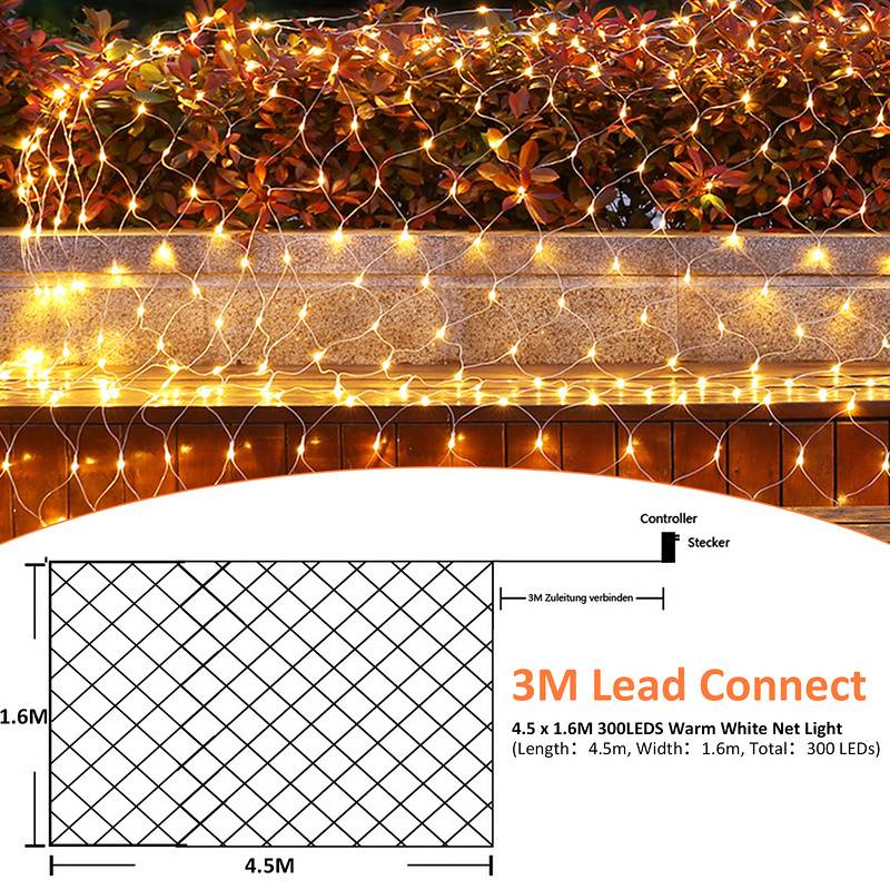 4.5x1.6M LED Lichternetz Warmweiß Lichterkette Weihnachtsbeleuchtung Lichtervorhang Innen Außen Deko Weihnachtslicht 8 Modi IP44