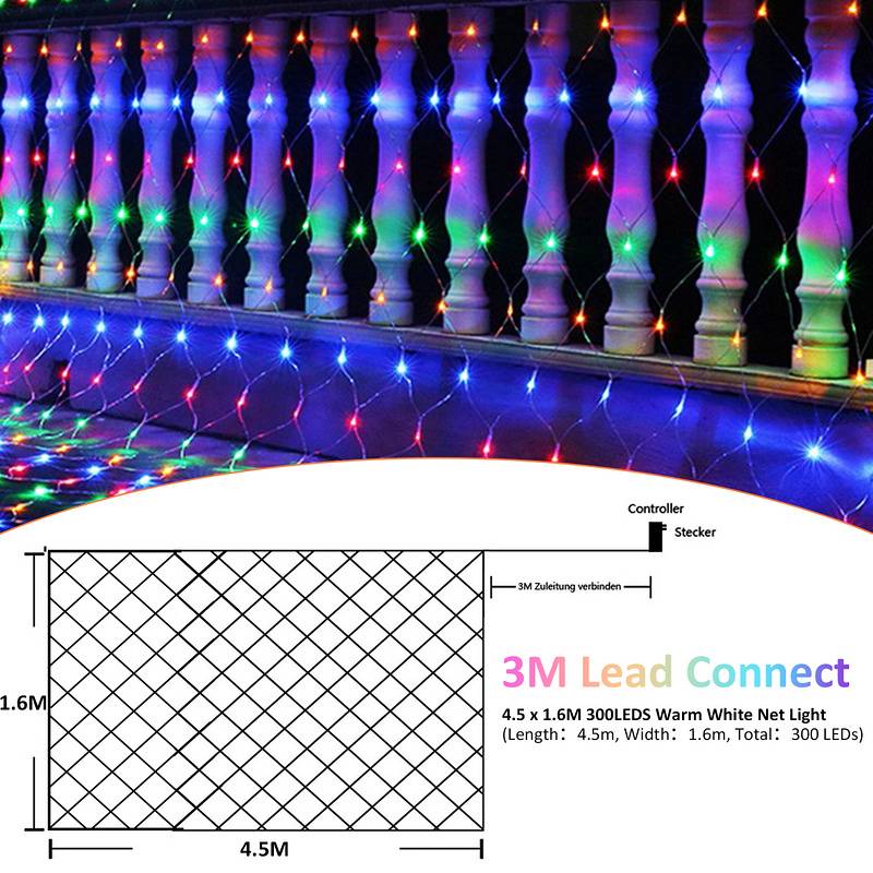 4.5x1.6M LED Lichternetz Bunt Lichterkette Weihnachtsbeleuchtung Lichtervorhang Innen Außen Deko Weihnachtslicht 8 Modi IP44