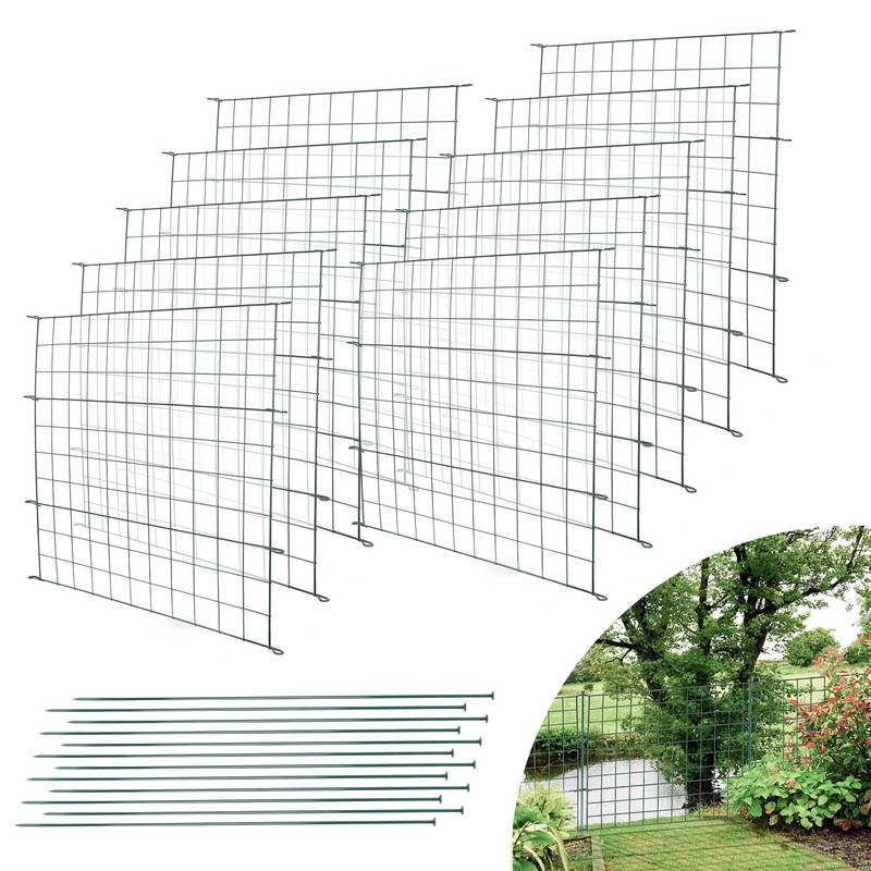 Teichzaun Gartenzaun, 22-er Set Zaun Teich mit 10 Zaunelemente und 12 Befestigungsstäben, Metallzaun Grün, Freigehege, Gartenzaun, Tiergehege (Gerad