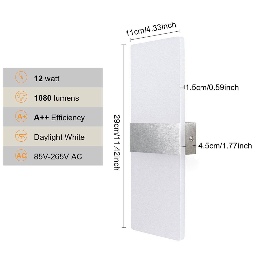 Wandmontiertes LED-Leuchtenset mit Abmessungen und Spezifikationen: 12 Watt, 1080 Lumen, A++-Effizienz, Tageslichtweiß, 85V-265V AC; 29cm x 11cm x 4,5cm.