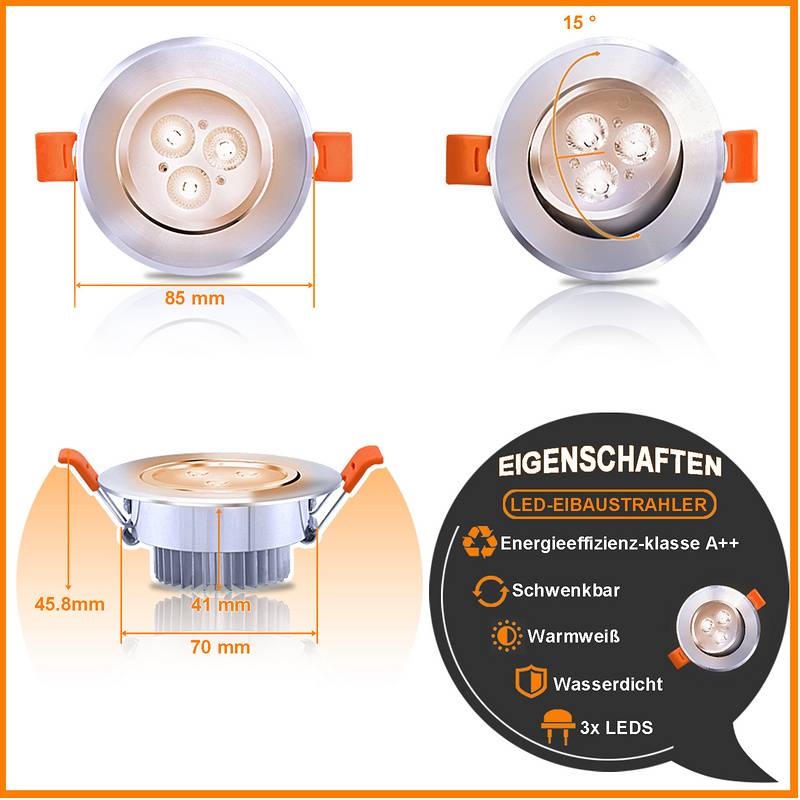 20x 3W LED Einbaustrahler 245lm Warmweiß Strahler Spot Deckenstrahler Schwenkbar Einbauspot Einbauleuchte Deckeneinbauleuchte