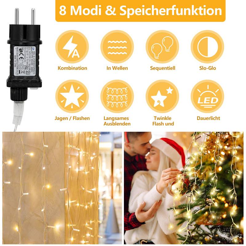 200 LED Lichterkette 10m Lichterkettel Warmweiß mit Memory-Funktion LED Eisregen