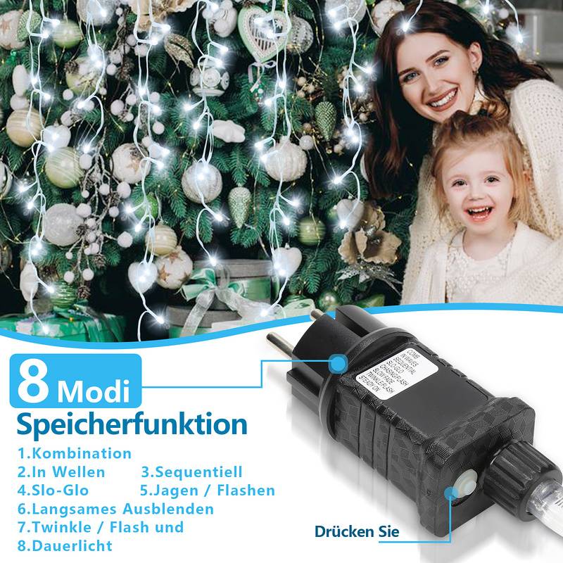 200 LED Lichterkette 10m Lichterkettel Kaltweiß mit Memory-Funktion LED Eisregen