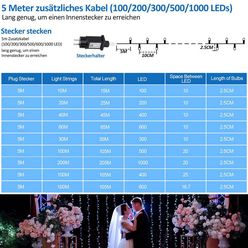10M 100 LED Lichterkette Kaltweiß 8 Lichtmodi Party Garten Innen Außen Deko Weihnachtsbeleuchtung