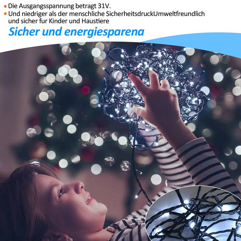 Lichterkette 10m 100LED 8 Lichtmodi IP44 Wasserdicht Weihnachten Hochzeit Party Garten Deko, kaltweiß